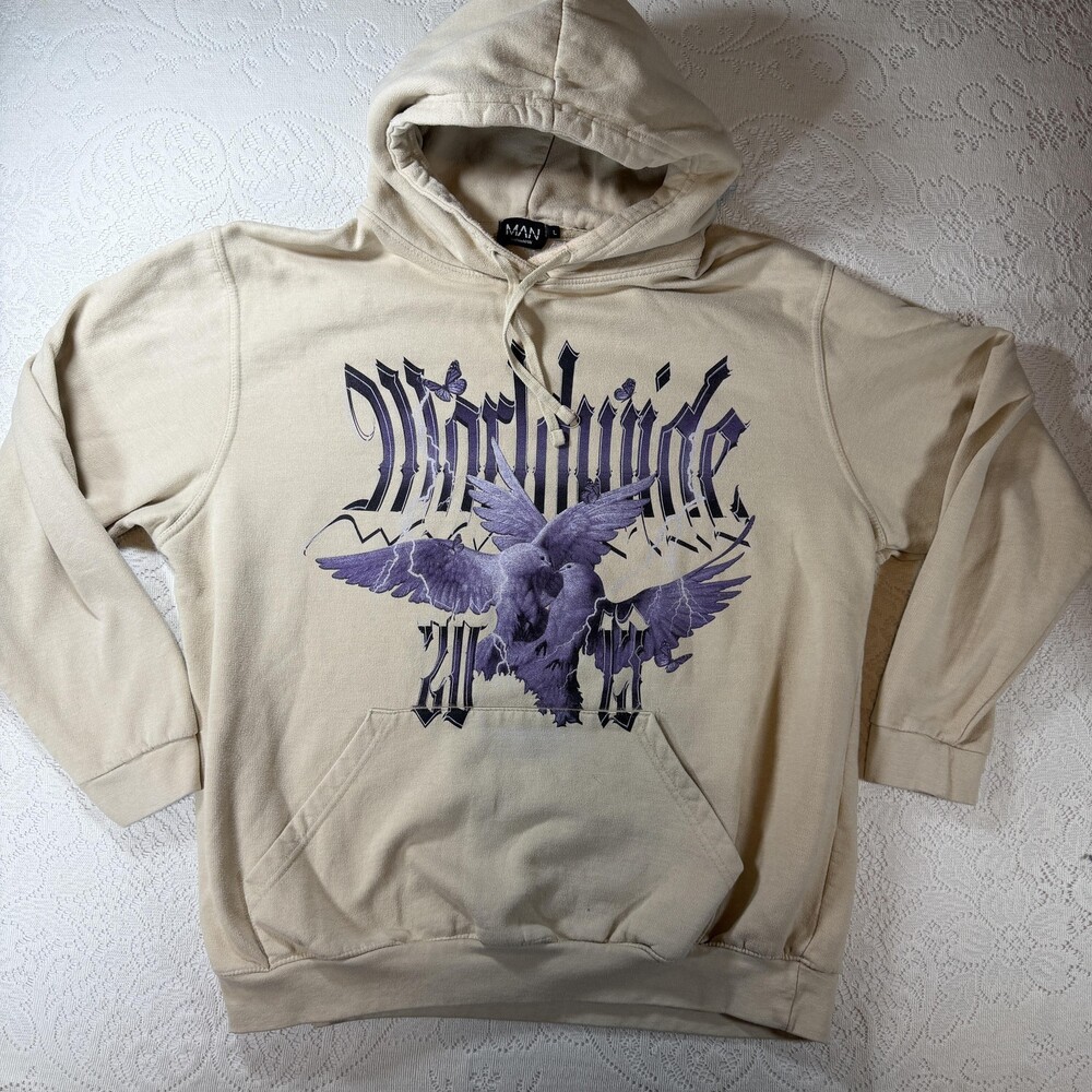 BoohooMAN Hoodie Mens Large Beige Graphic Birds Butterflies Fleece Pullover